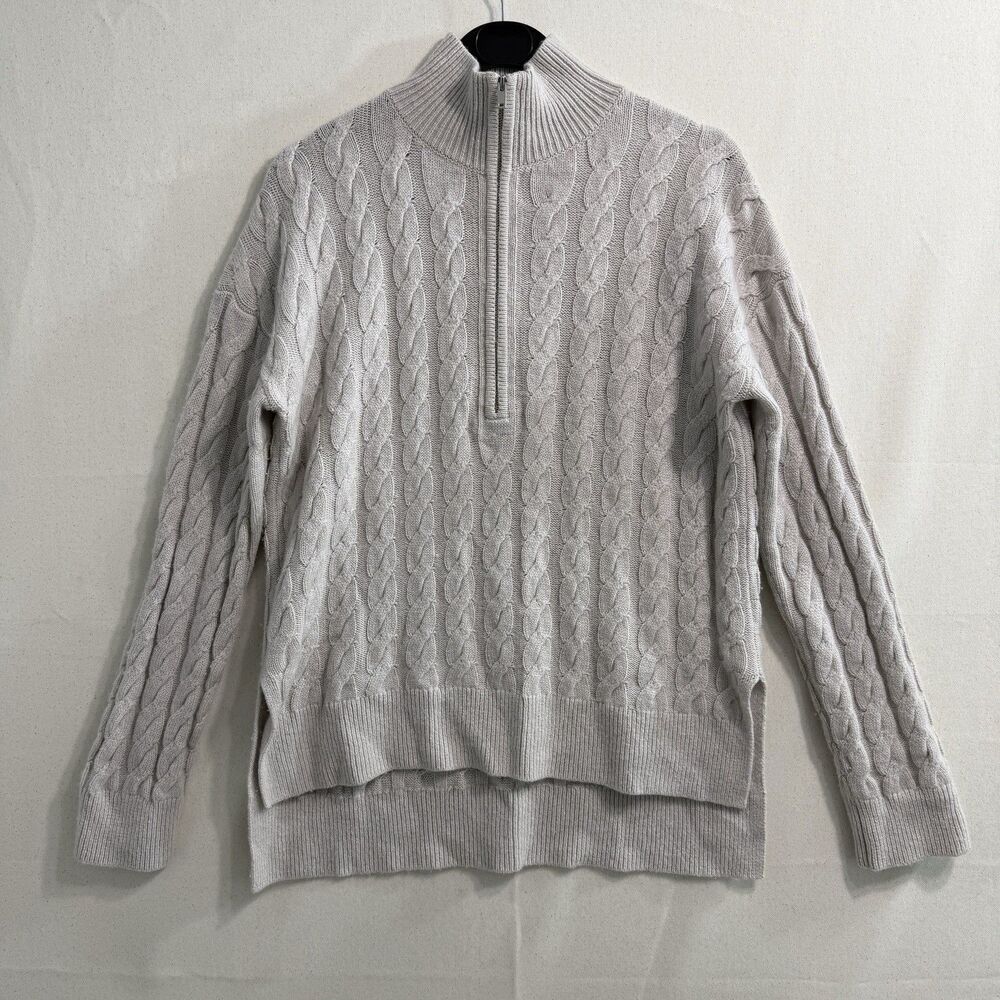 Theory Women Size P Cream Cable Knit Quarter Zip Mock Neck Sweater Pullover